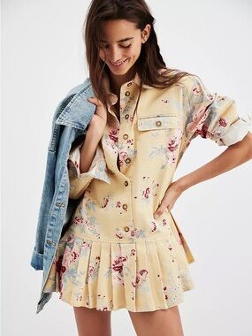NWOT Free People Connor Printed Mini Dress in Yellow Combo